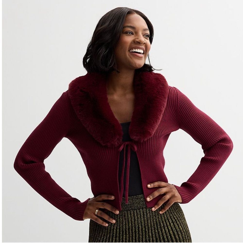 Draper James Tie Front Faux Fur Collar Cardigan Sweater- Size XXL